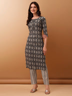 Ethnic Motifs Printed Kurta With Pant & Dupatta, Grey - Hiral Fashion - Distacart