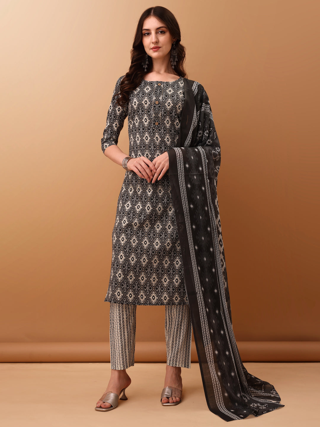 Ethnic Motifs Printed Kurta With Pant & Dupatta, Grey - Hiral Fashion - Distacart