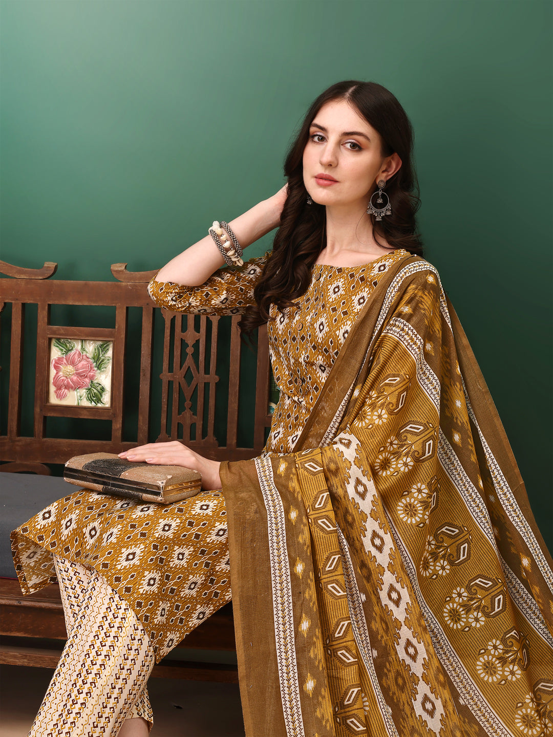 Ethnic Motifs Printed Kurta With Pant & Dupatta, Mustard - Hiral Fashion - Distacart