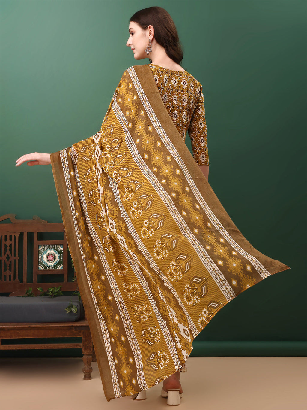Ethnic Motifs Printed Kurta With Pant & Dupatta, Mustard - Hiral Fashion - Distacart