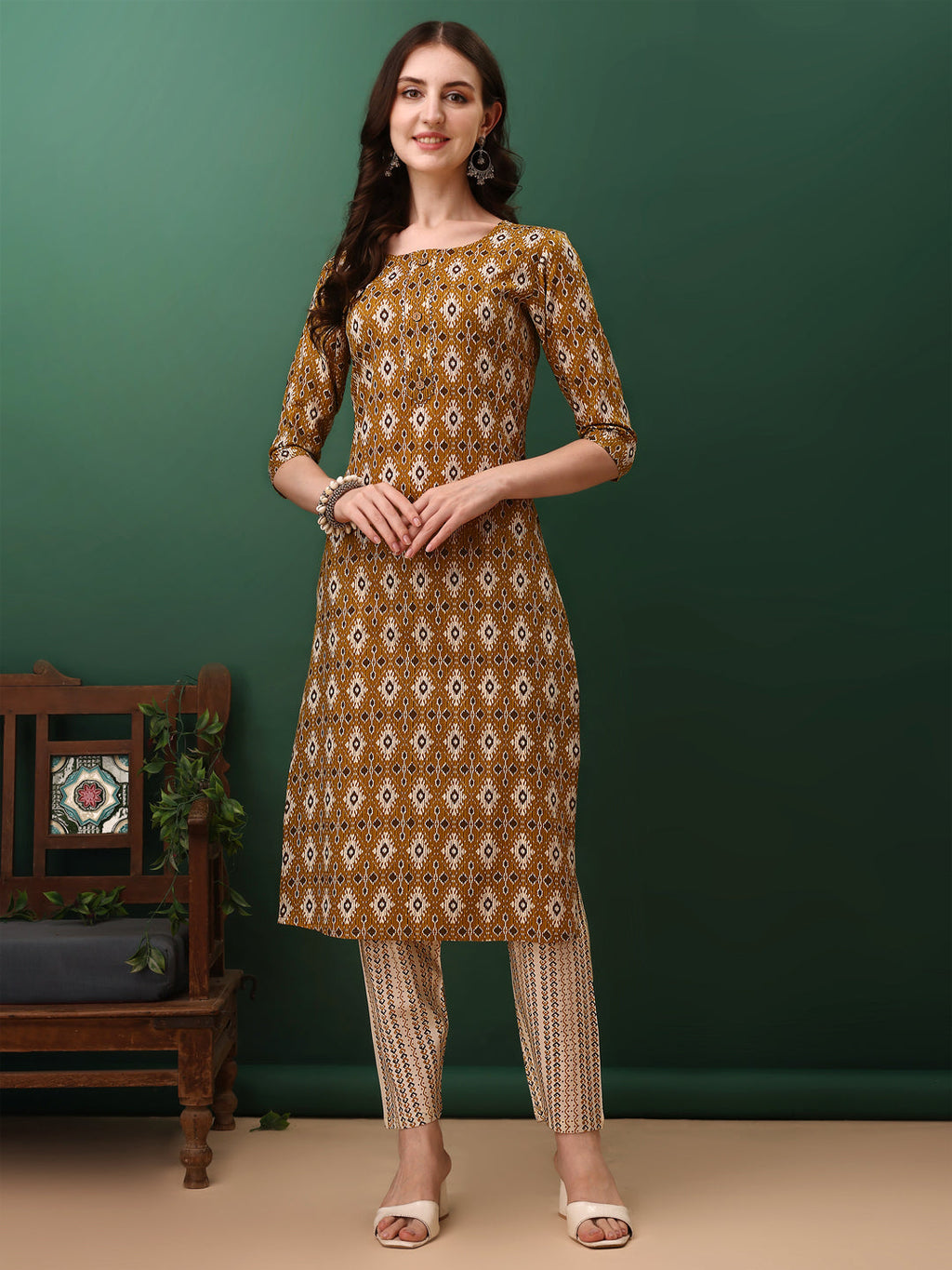 Ethnic Motifs Printed Kurta With Pant & Dupatta, Mustard - Hiral Fashion - Distacart