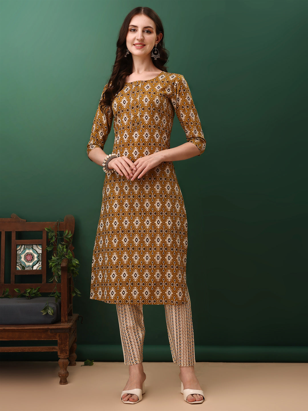 Ethnic Motifs Printed Kurta With Pant & Dupatta, Mustard - Hiral Fashion - Distacart