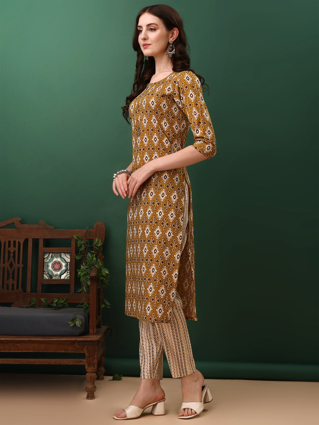 Ethnic Motifs Printed Kurta With Pant & Dupatta, Mustard - Hiral Fashion - Distacart