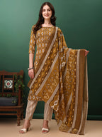 Ethnic Motifs Printed Kurta With Pant & Dupatta, Mustard - Hiral Fashion - Distacart