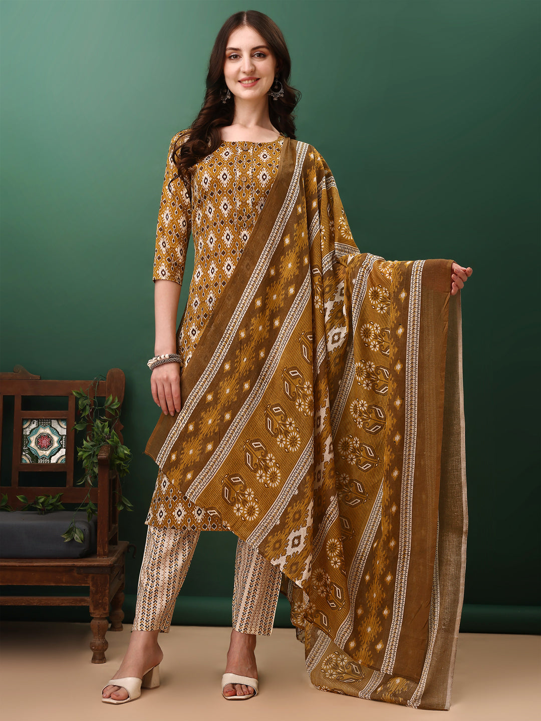 Ethnic Motifs Printed Kurta With Pant & Dupatta, Mustard - Hiral Fashion - Distacart