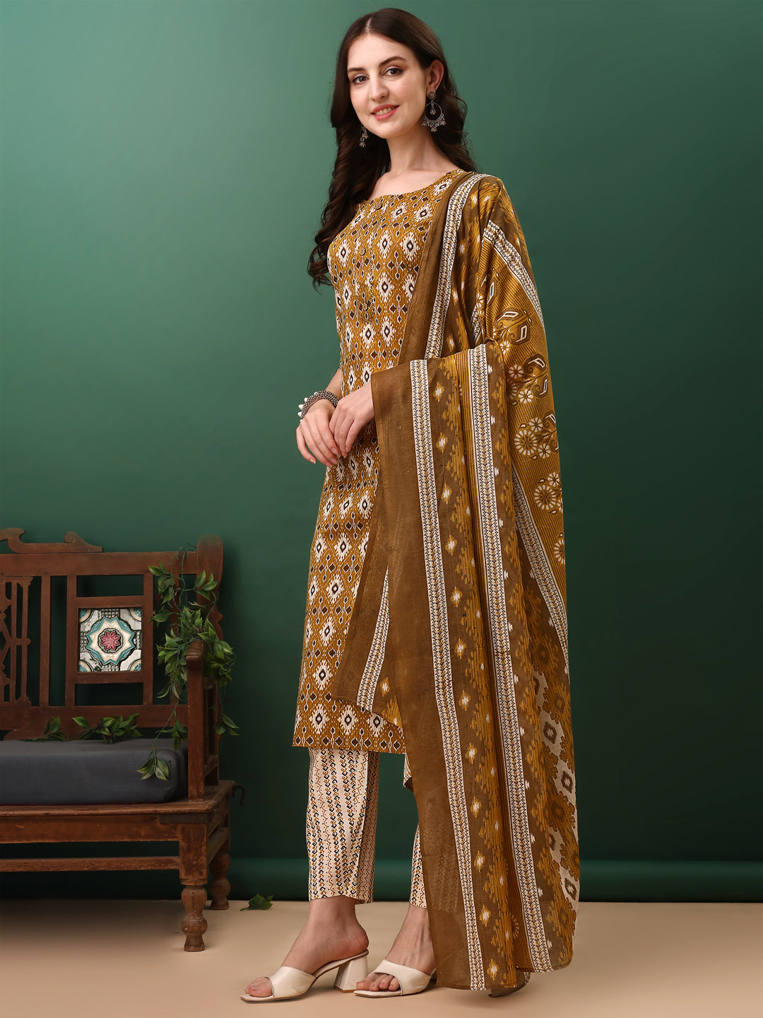 Ethnic Motifs Printed Kurta With Pant & Dupatta, Mustard - Hiral Fashion - Distacart