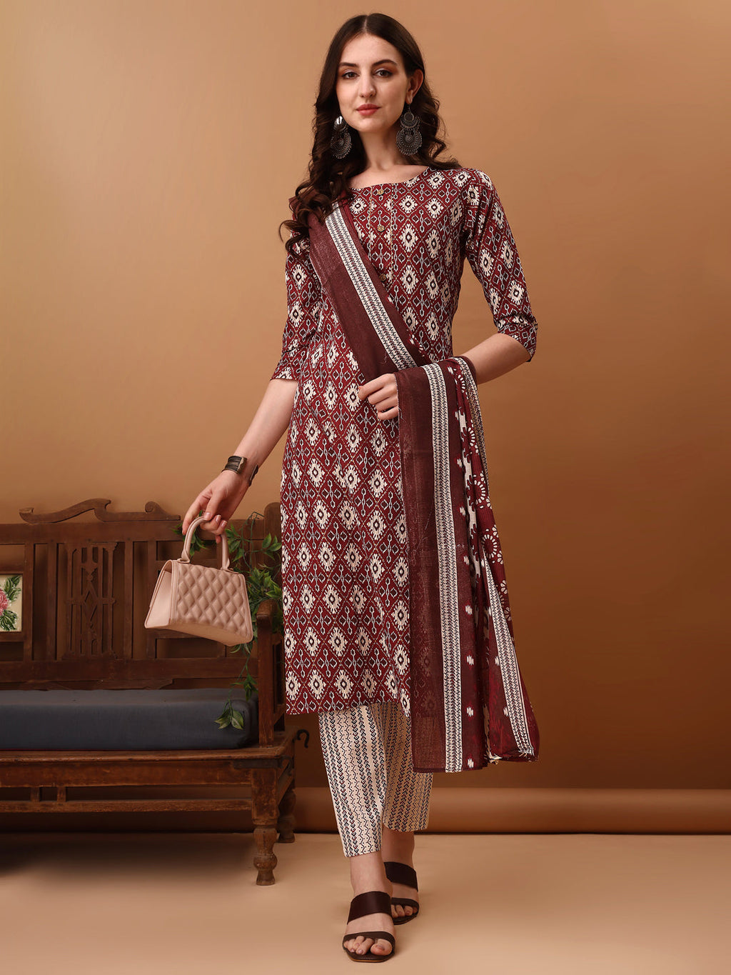 Ethnic Motifs Printed Kurta With Pant & Dupatta, Wine - Hiral Fashion - Distacart