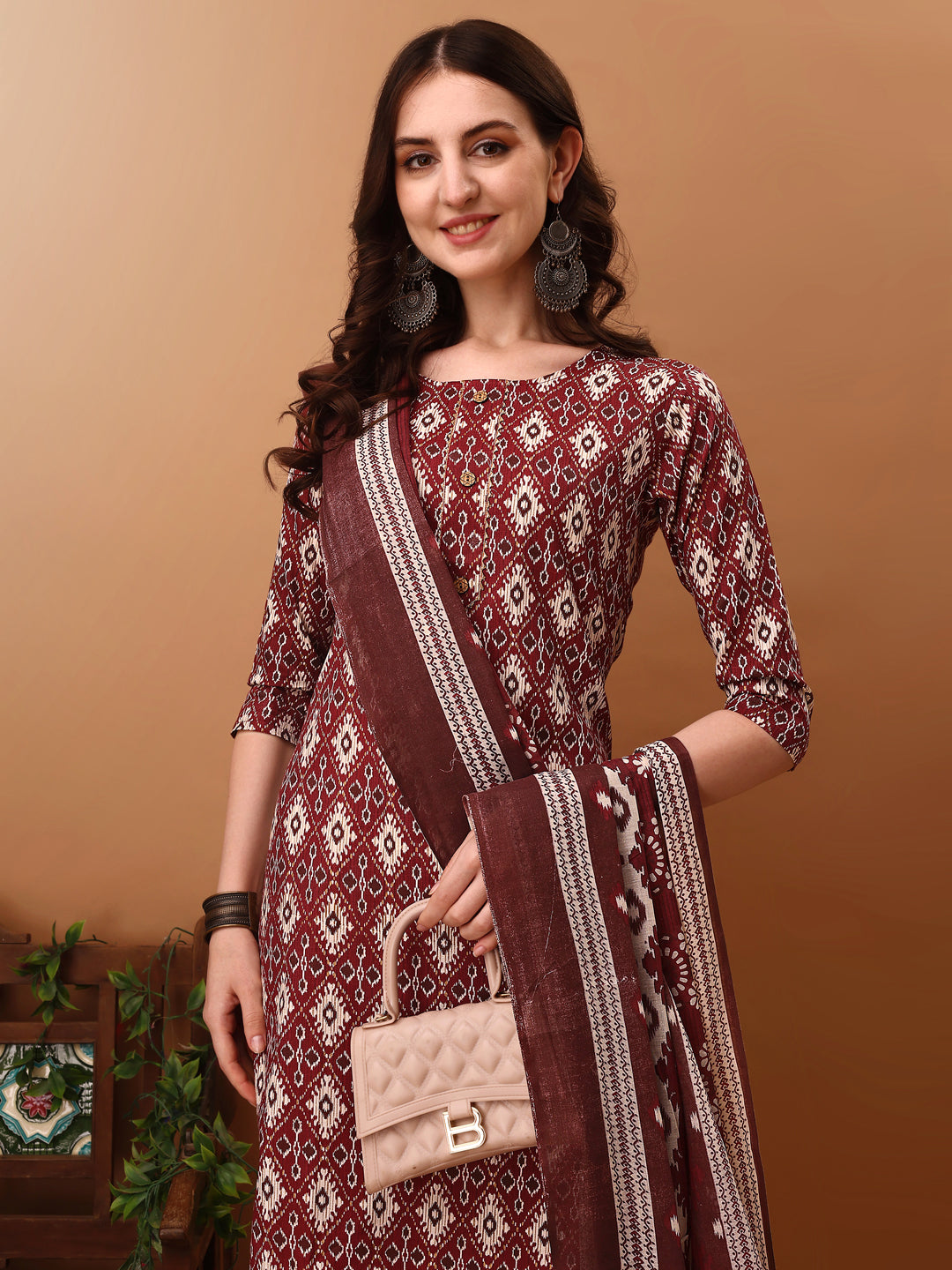 Ethnic Motifs Printed Kurta With Pant & Dupatta, Wine - Hiral Fashion - Distacart