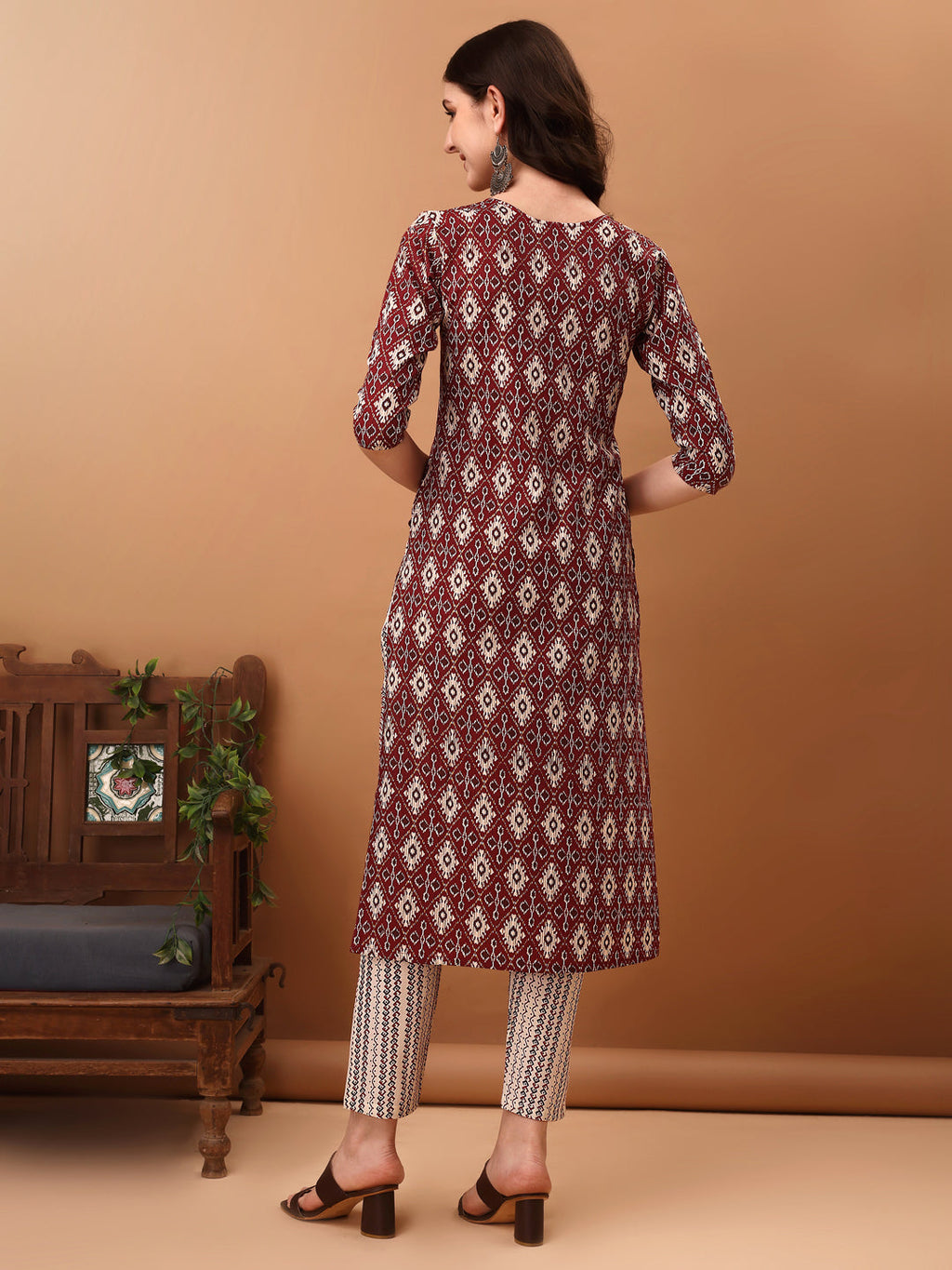 Ethnic Motifs Printed Kurta With Pant & Dupatta, Wine - Hiral Fashion - Distacart