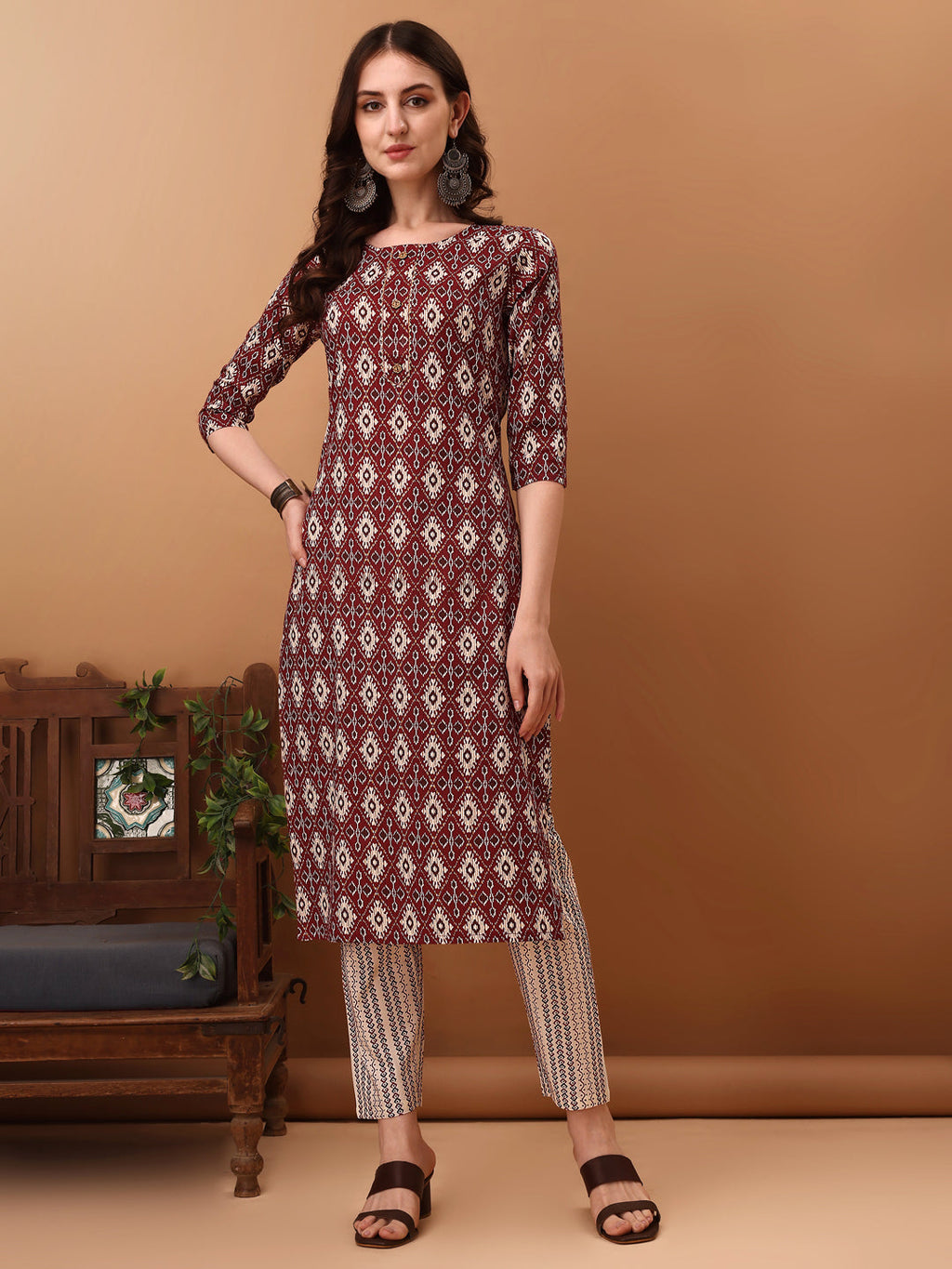 Ethnic Motifs Printed Kurta With Pant & Dupatta, Wine - Hiral Fashion - Distacart