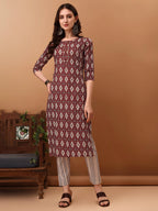 Ethnic Motifs Printed Kurta With Pant & Dupatta, Wine - Hiral Fashion - Distacart