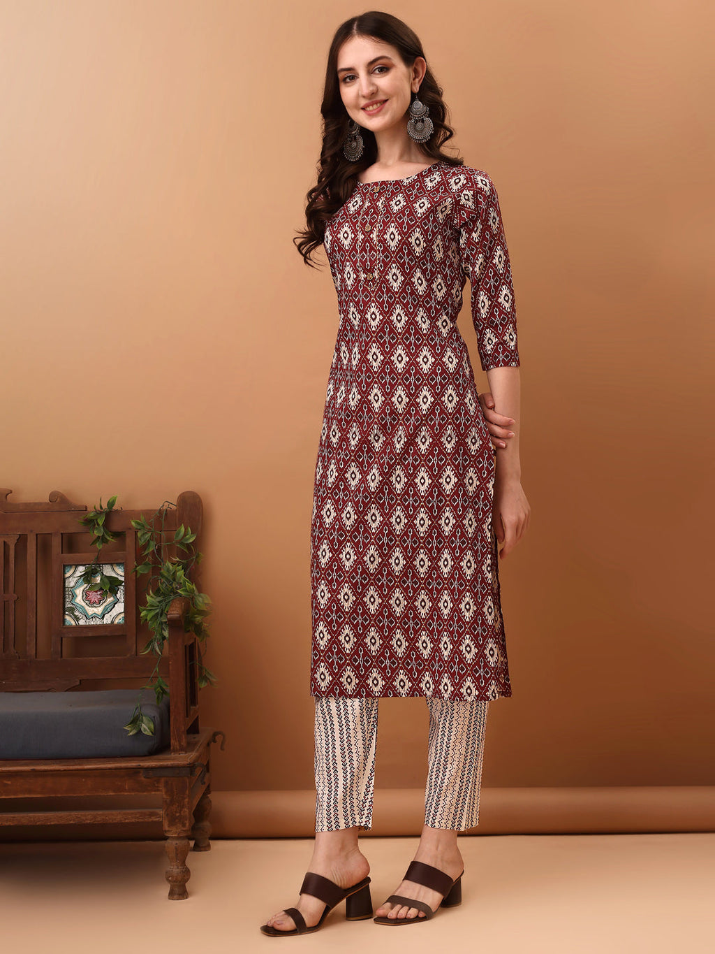 Ethnic Motifs Printed Kurta With Pant & Dupatta, Wine - Hiral Fashion - Distacart