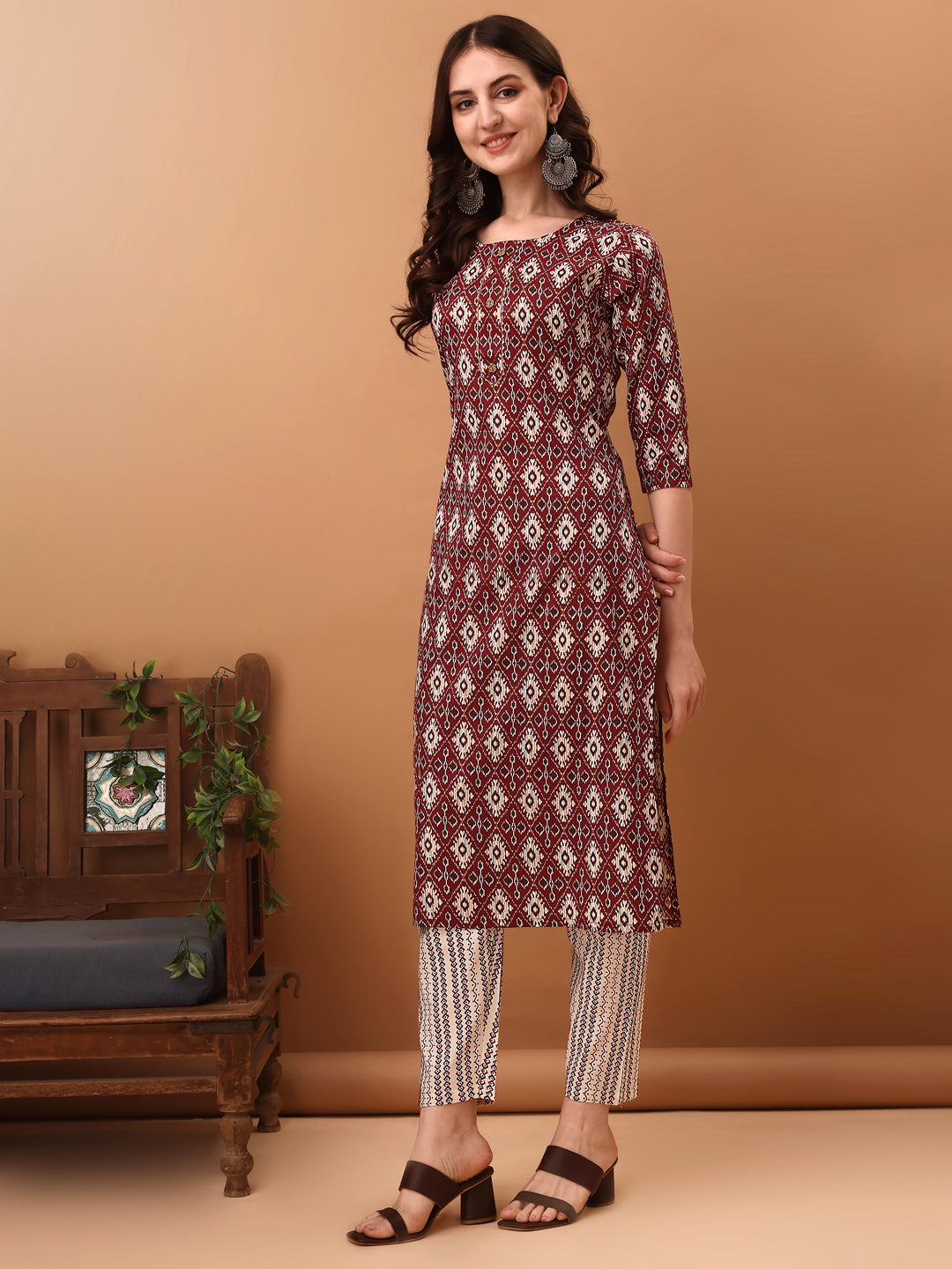 Ethnic Motifs Printed Kurta With Pant & Dupatta, Wine - Hiral Fashion - Distacart