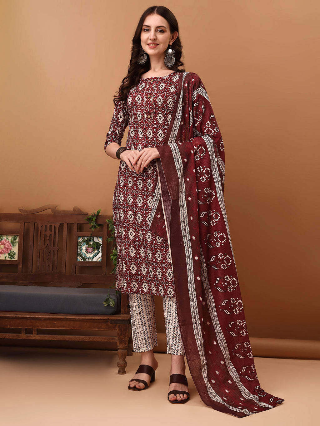 Ethnic Motifs Printed Kurta With Pant & Dupatta, Wine - Hiral Fashion - Distacart