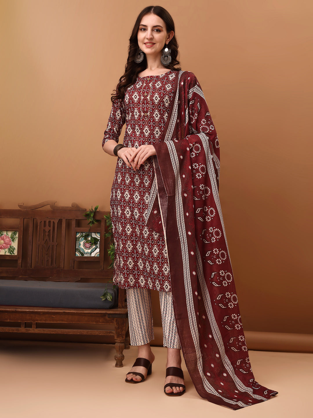 Ethnic Motifs Printed Kurta With Pant & Dupatta, Wine - Hiral Fashion - Distacart