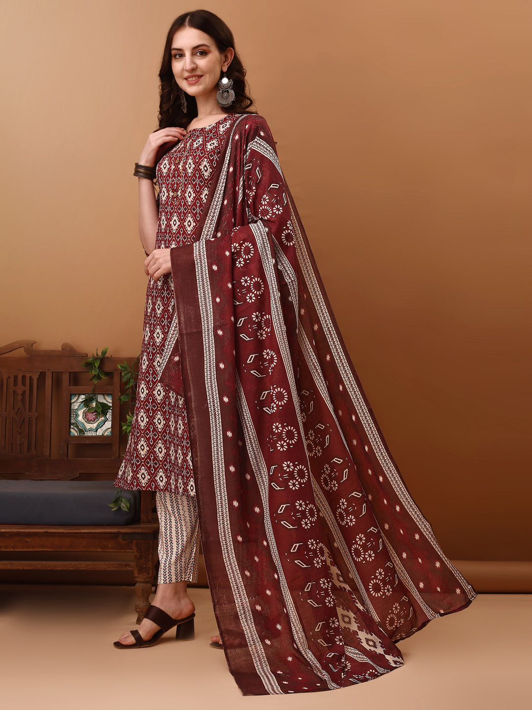 Ethnic Motifs Printed Kurta With Pant & Dupatta, Wine - Hiral Fashion - Distacart