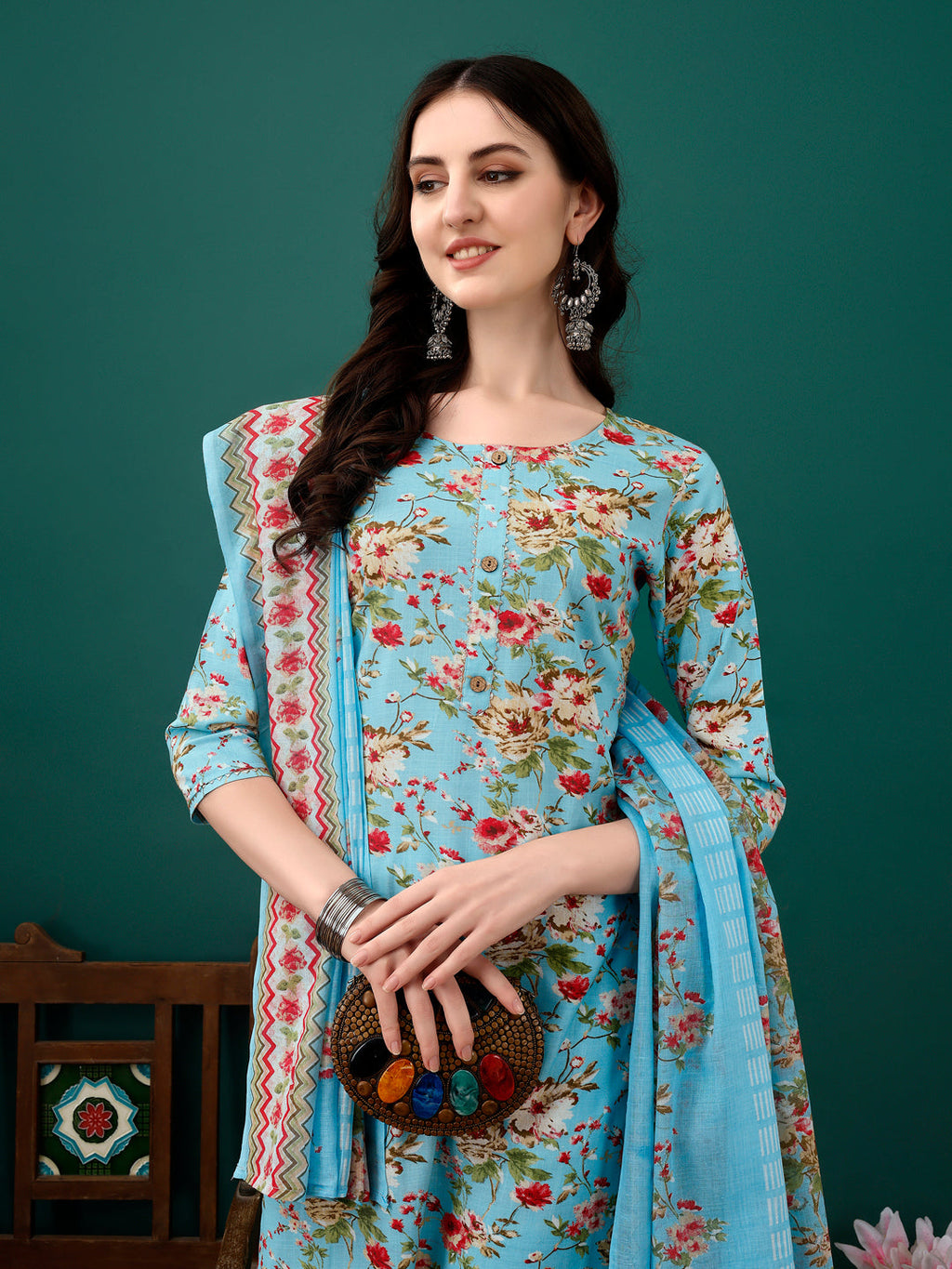 Floral Printed Kurta With Pant & Dupatta, Blue - Hiral Fashion