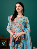 Floral Printed Kurta With Pant & Dupatta, Blue - Hiral Fashion