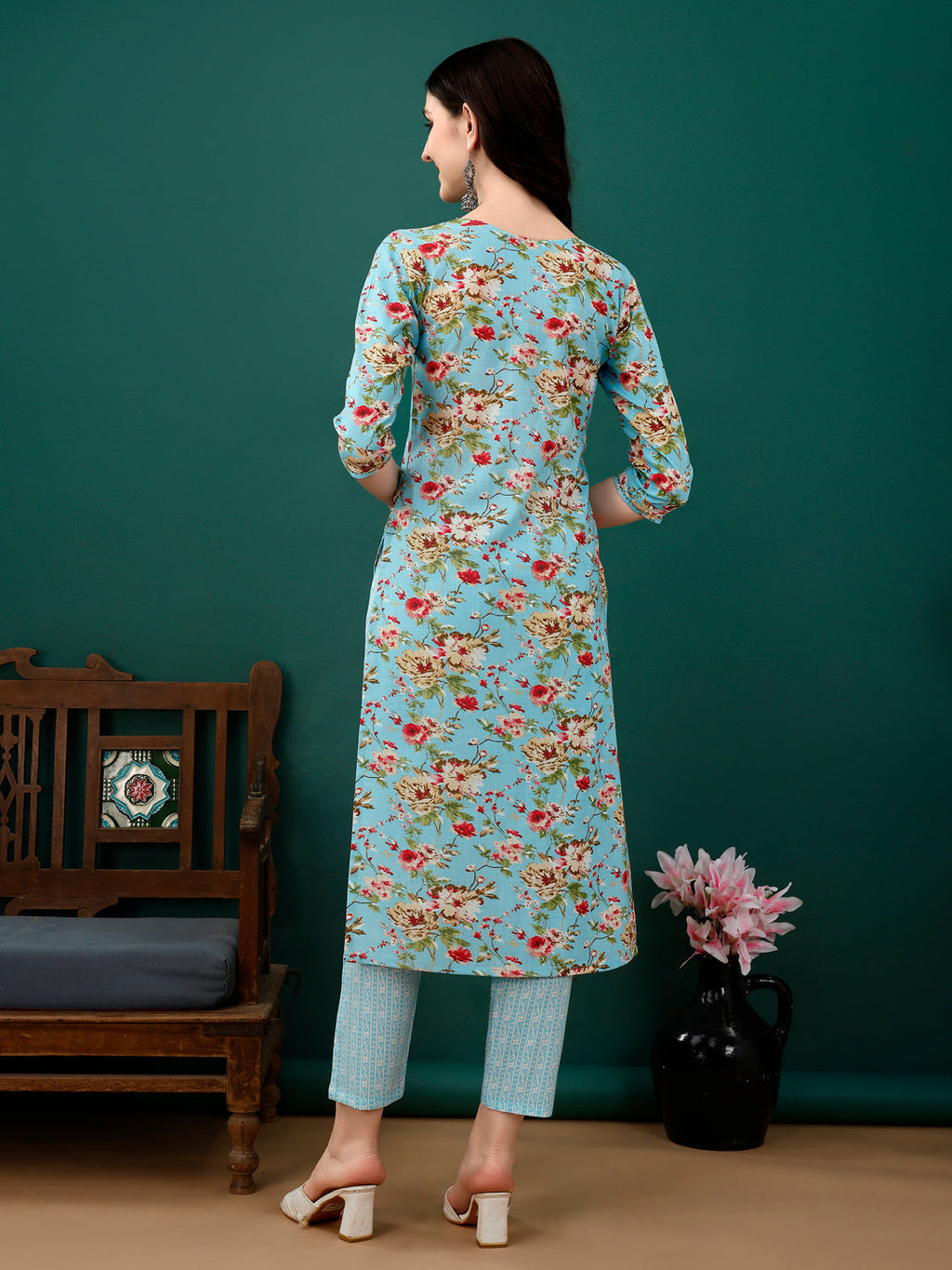 Floral Printed Kurta With Pant & Dupatta, Blue - Hiral Fashion