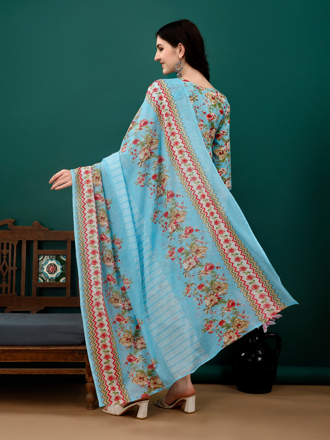Floral Printed Kurta With Pant & Dupatta, Blue - Hiral Fashion