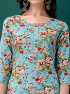 Floral Printed Kurta With Pant & Dupatta, Blue - Hiral Fashion