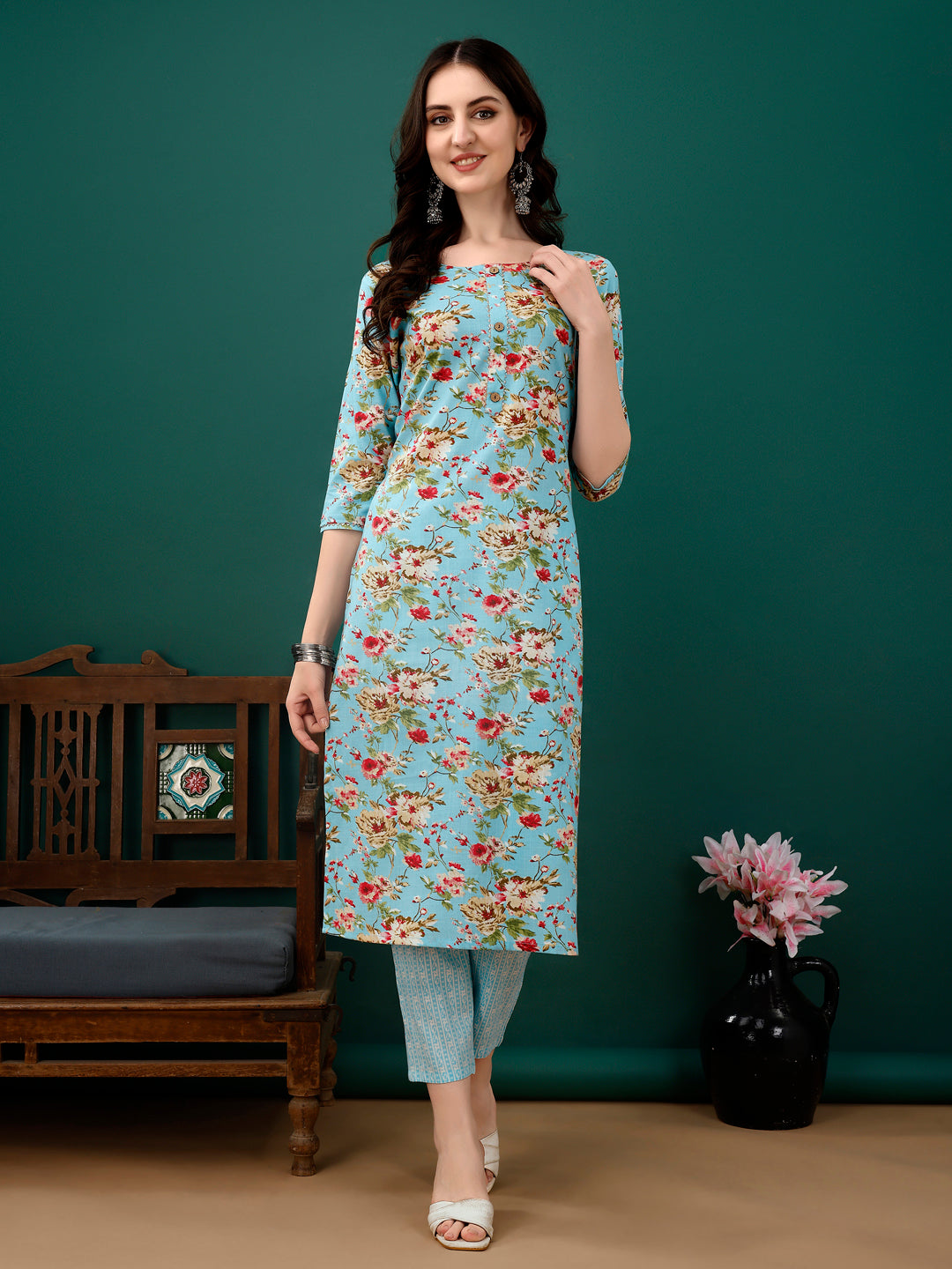 Floral Printed Kurta With Pant & Dupatta, Blue - Hiral Fashion
