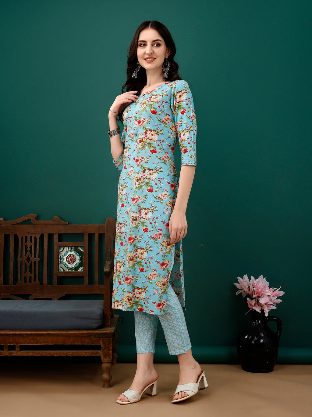 Floral Printed Kurta With Pant & Dupatta, Blue - Hiral Fashion