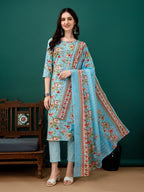 Floral Printed Kurta With Pant & Dupatta, Blue - Hiral Fashion