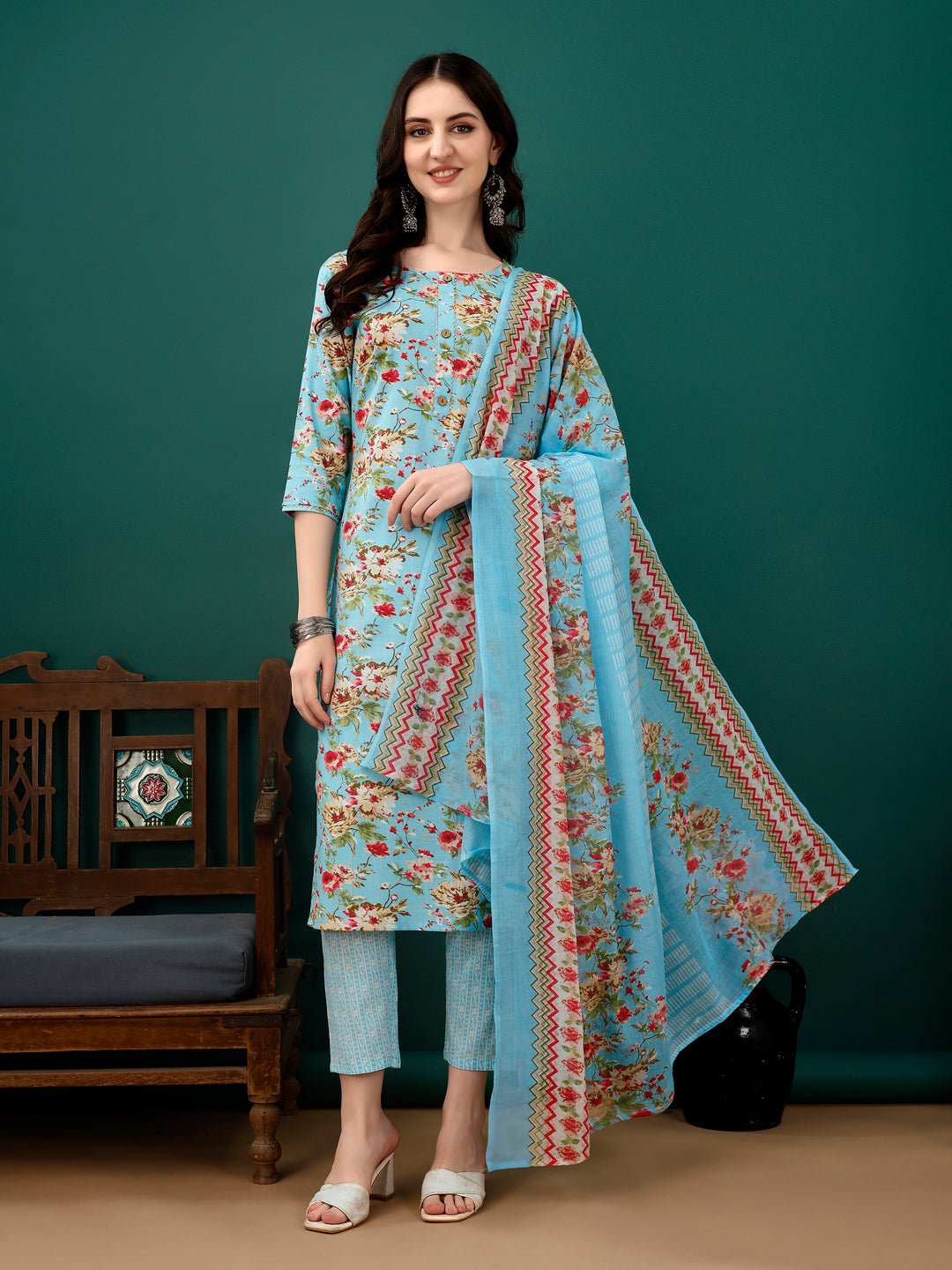 Floral Printed Kurta With Pant & Dupatta, Blue - Hiral Fashion