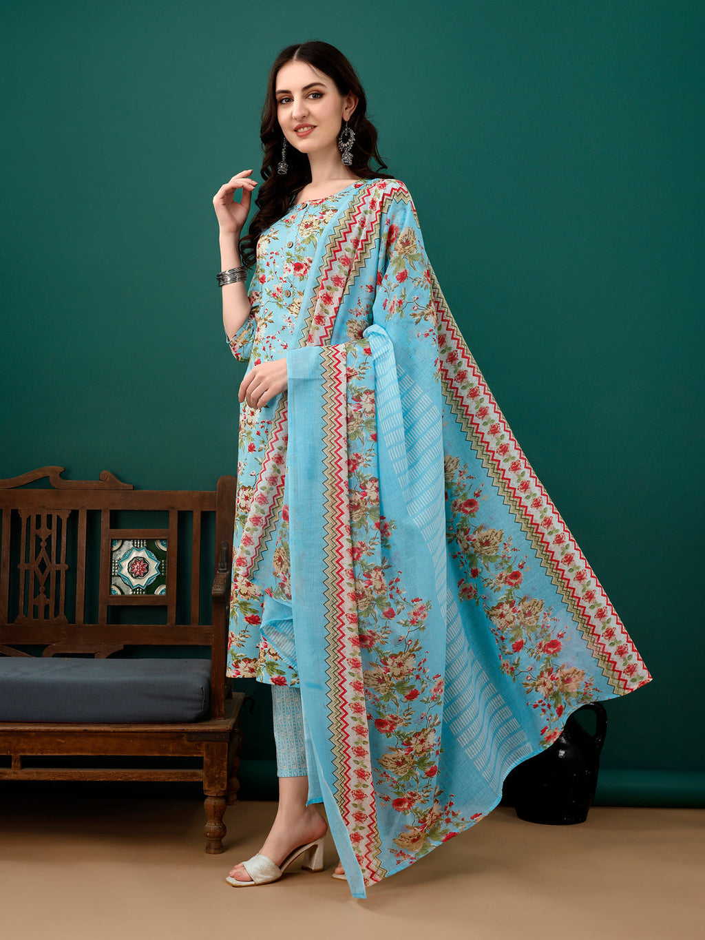 Floral Printed Kurta With Pant & Dupatta, Blue - Hiral Fashion
