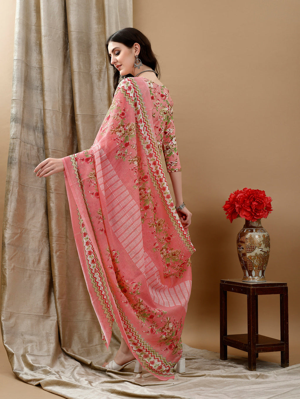 Floral Printed Kurta With Pant & Dupatta, Peach - Hiral Fashion - Distacart