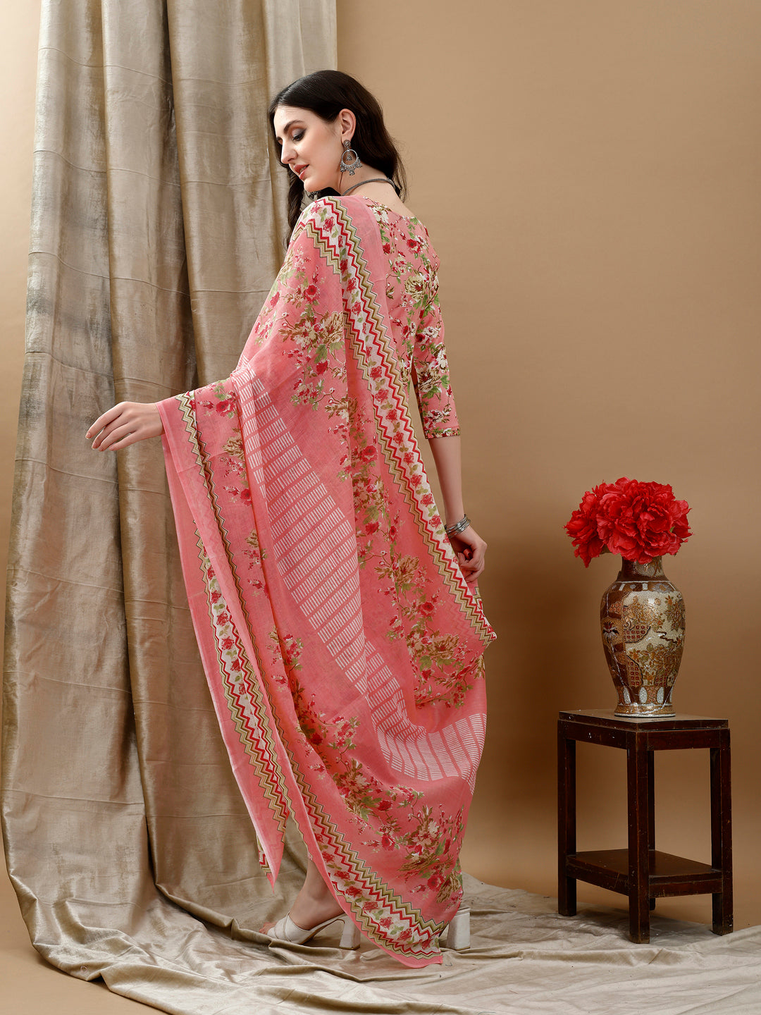 Floral Printed Kurta With Pant & Dupatta, Peach - Hiral Fashion - Distacart