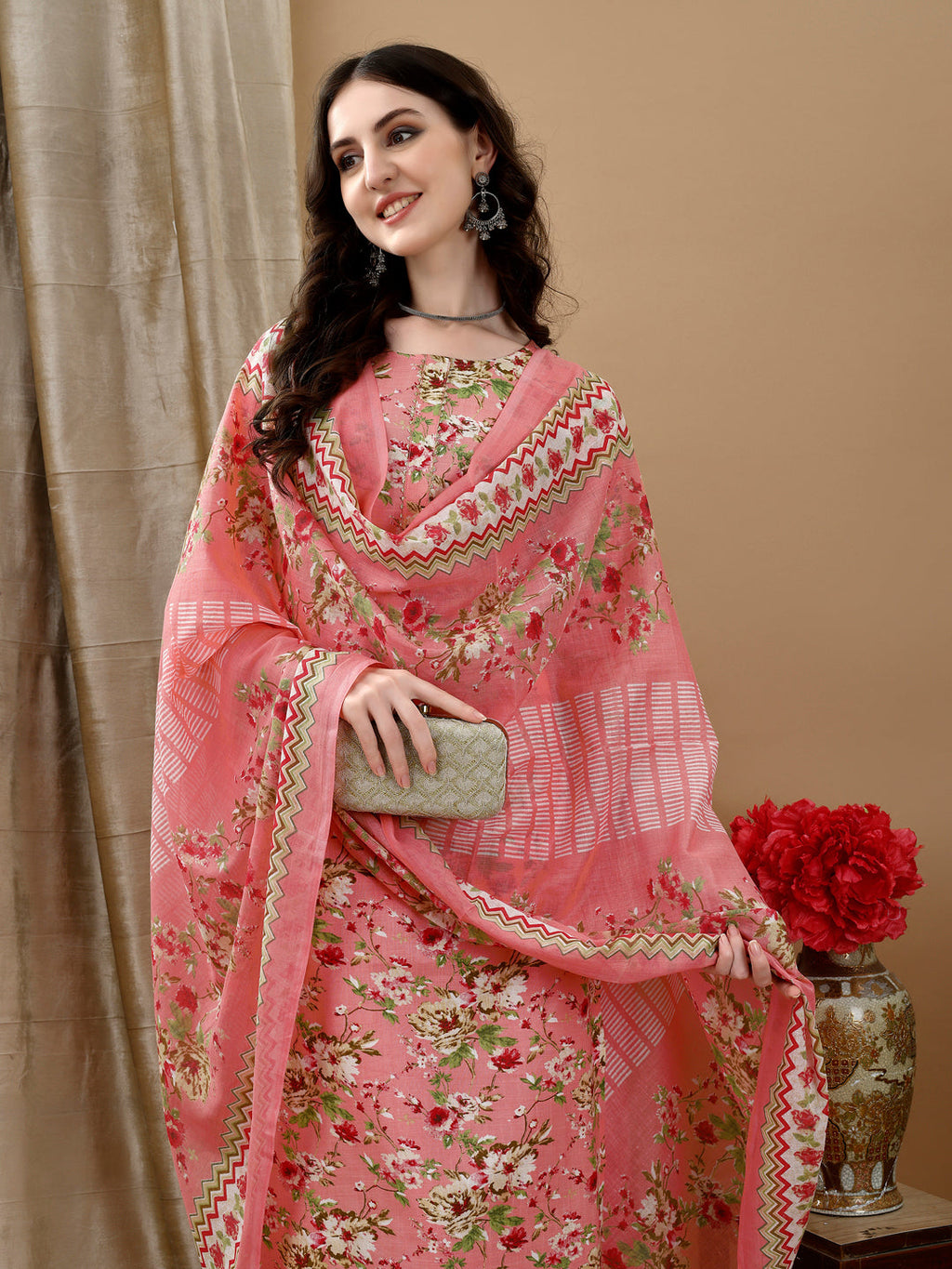 Floral Printed Kurta With Pant & Dupatta, Peach - Hiral Fashion - Distacart