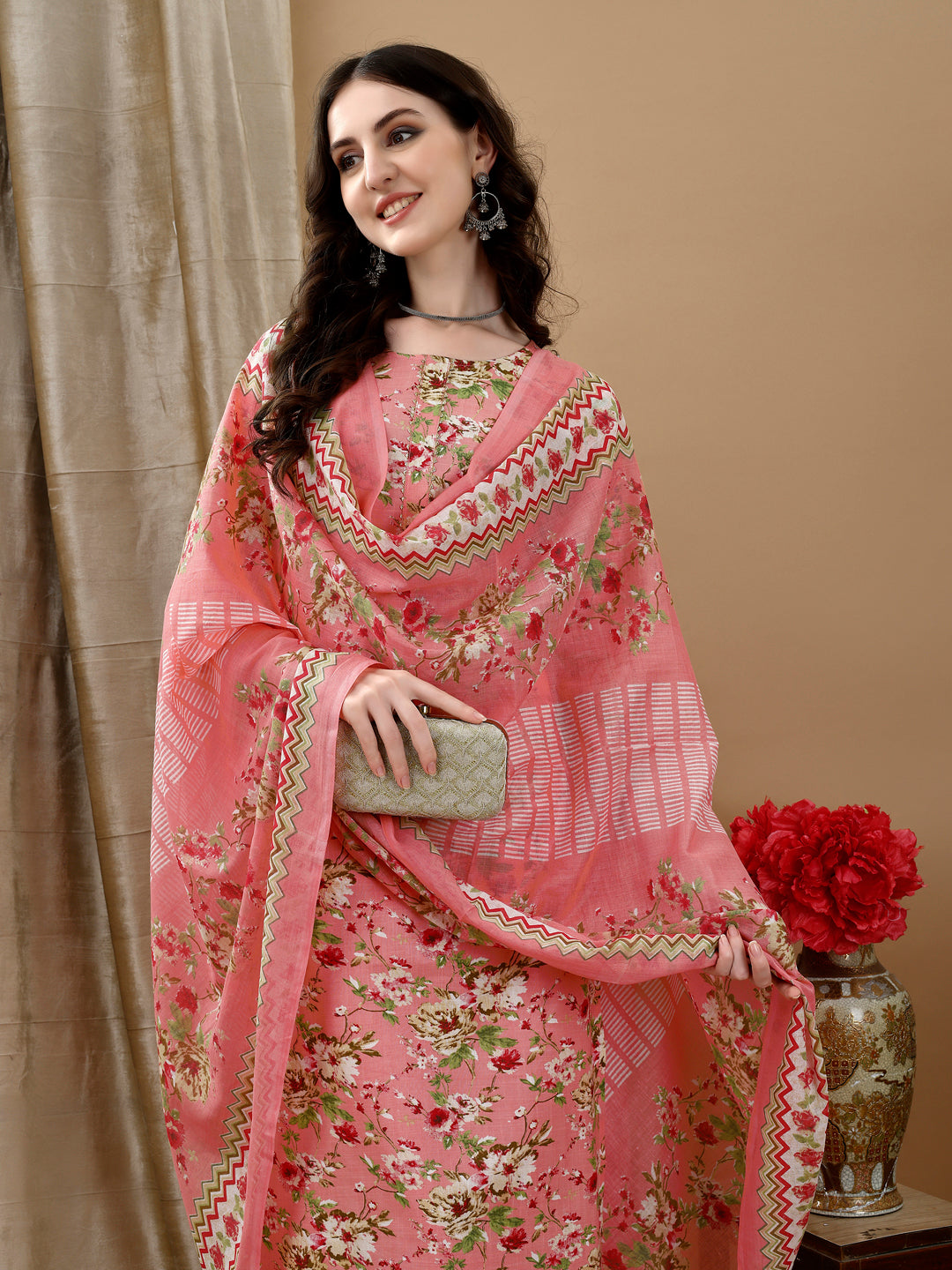 Floral Printed Kurta With Pant & Dupatta, Peach - Hiral Fashion - Distacart