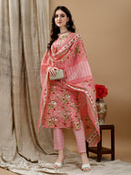 Floral Printed Kurta With Pant & Dupatta, Peach - Hiral Fashion - Distacart