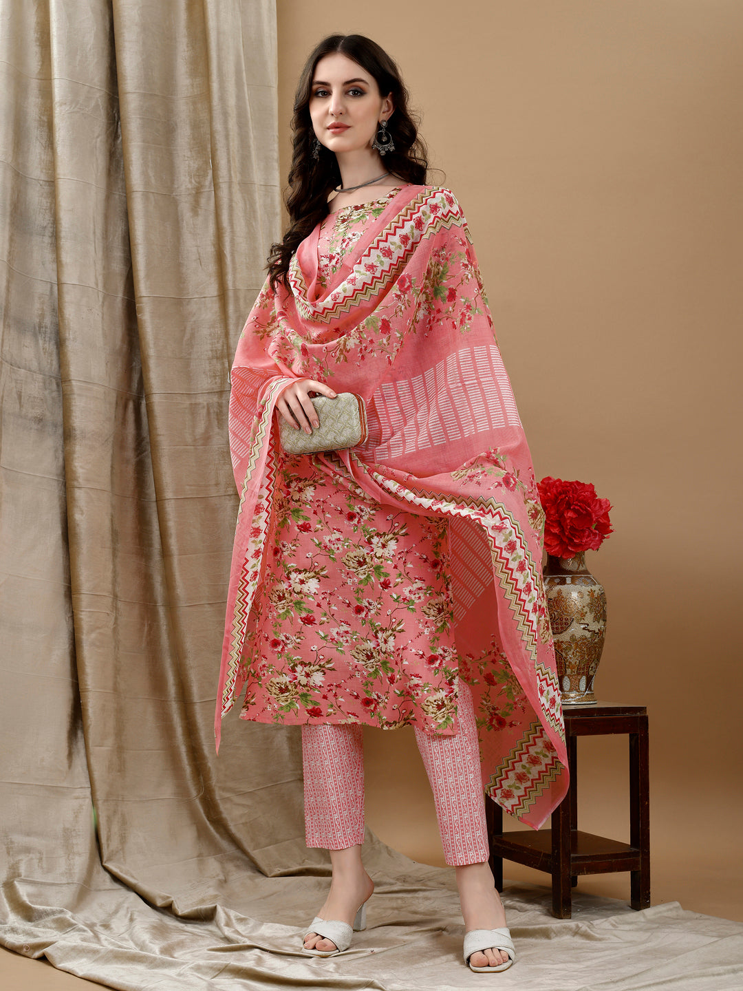 Floral Printed Kurta With Pant & Dupatta, Peach - Hiral Fashion - Distacart