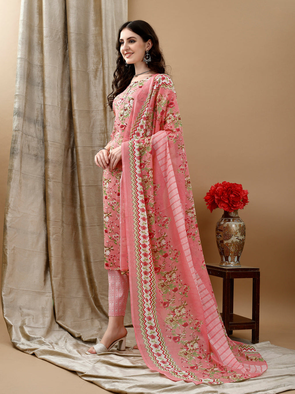 Floral Printed Kurta With Pant & Dupatta, Peach - Hiral Fashion - Distacart