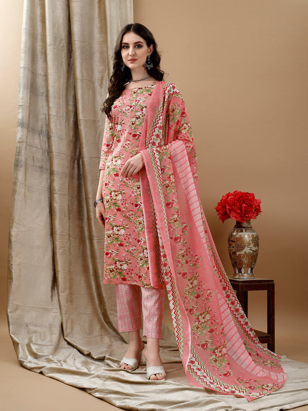 Floral Printed Kurta With Pant & Dupatta, Peach - Hiral Fashion - Distacart