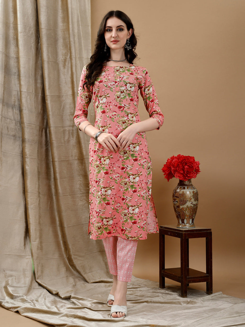 Floral Printed Kurta With Pant & Dupatta, Peach - Hiral Fashion - Distacart