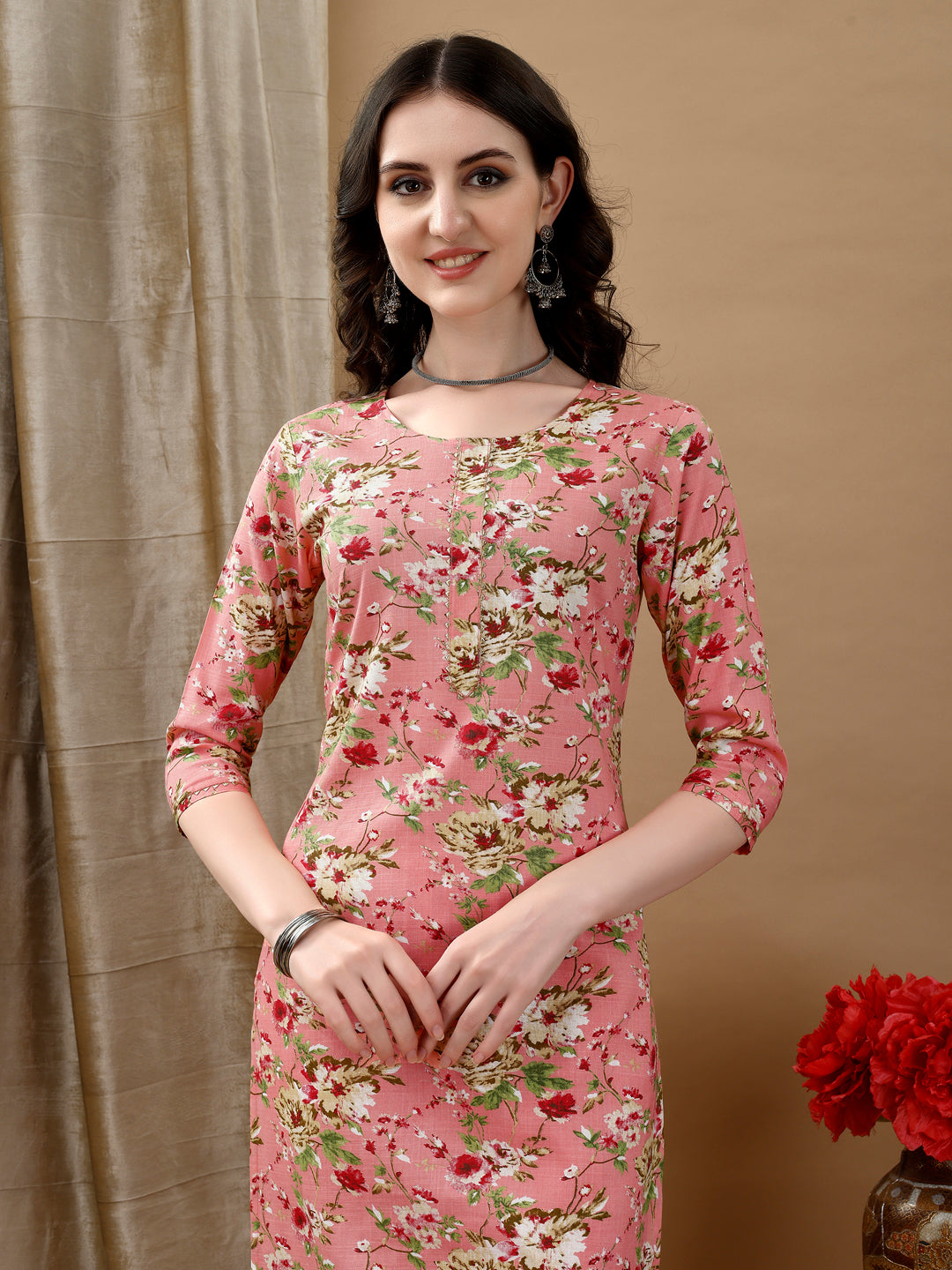 Floral Printed Kurta With Pant & Dupatta, Peach - Hiral Fashion - Distacart