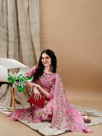 Floral Printed Kurta With Pant & Dupatta, Pink - Hiral Fashion