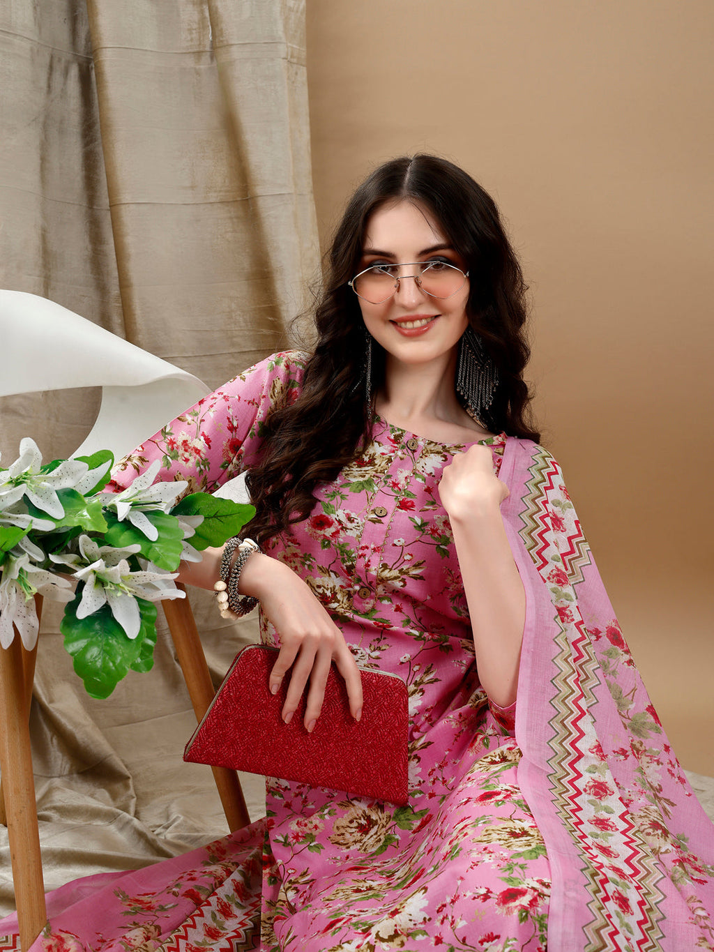 Floral Printed Kurta With Pant & Dupatta, Pink - Hiral Fashion