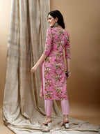 Floral Printed Kurta With Pant & Dupatta, Pink - Hiral Fashion