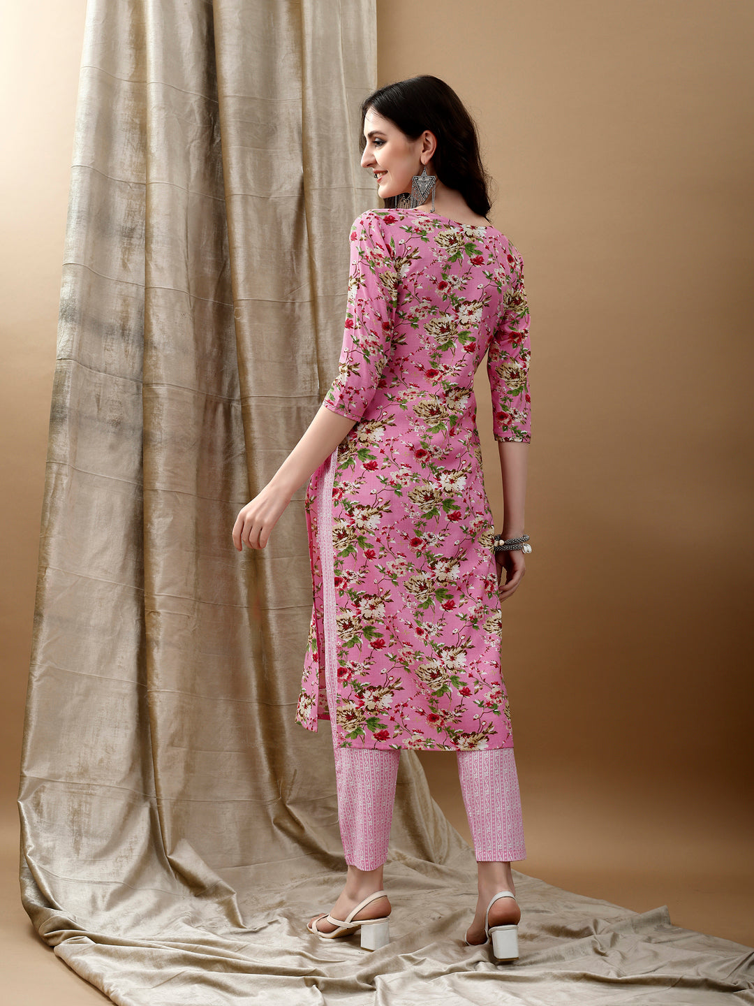 Floral Printed Kurta With Pant & Dupatta, Pink - Hiral Fashion