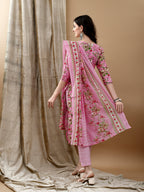 Floral Printed Kurta With Pant & Dupatta, Pink - Hiral Fashion
