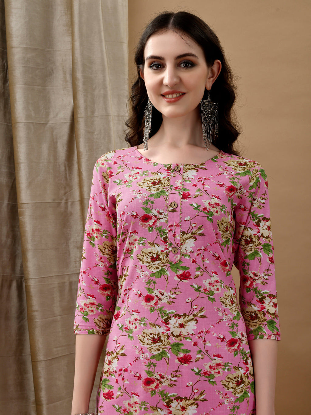 Floral Printed Kurta With Pant & Dupatta, Pink - Hiral Fashion