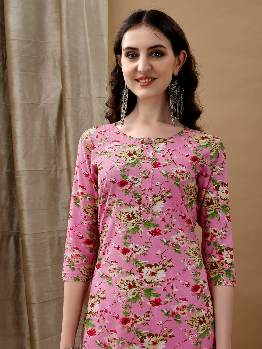 Floral Printed Kurta With Pant & Dupatta, Pink - Hiral Fashion