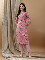 Floral Printed Kurta With Pant & Dupatta, Pink - Hiral Fashion