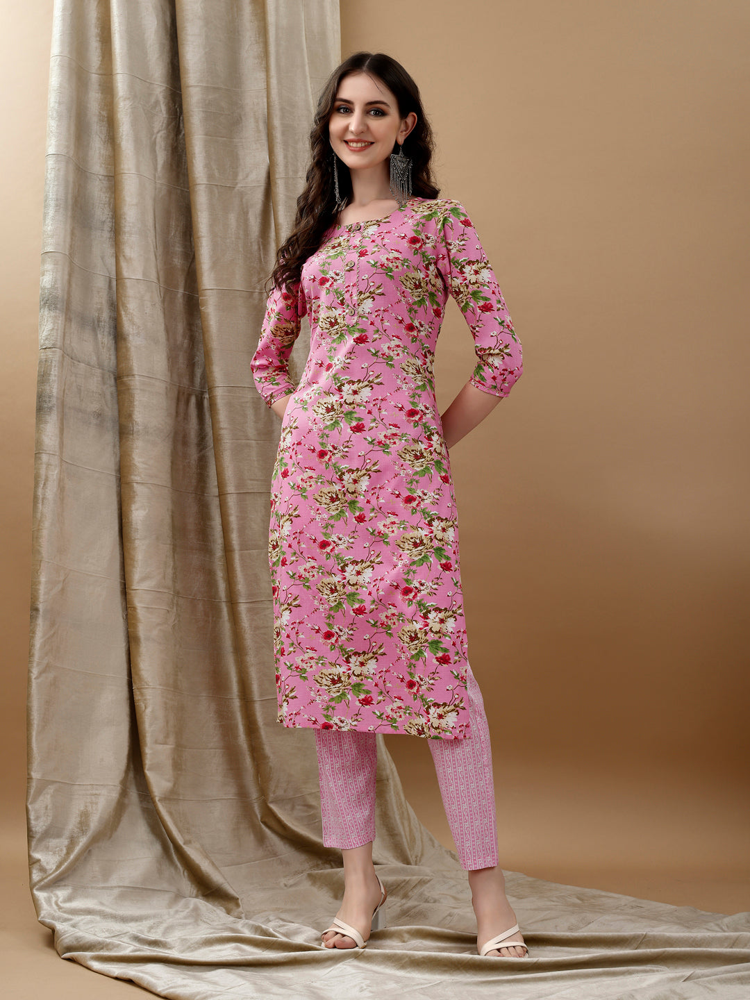 Floral Printed Kurta With Pant & Dupatta, Pink - Hiral Fashion