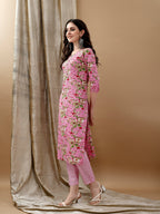 Floral Printed Kurta With Pant & Dupatta, Pink - Hiral Fashion